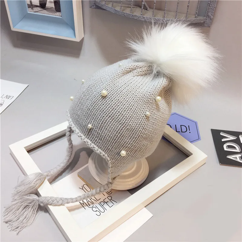 Pearl Beanies Baby Hat Pompom Winter Children Crochet Hat Toddler Boy Girl Warm Earflap Cap Solid Color Cotton Soft Beanie Cover Ears (3)