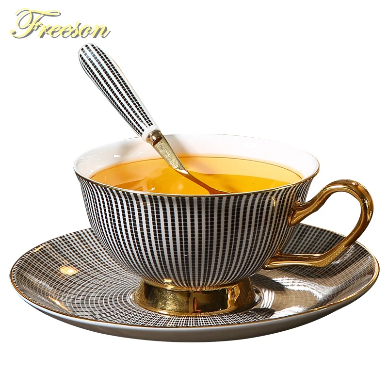 

Bone China Tea Cup Saucer Spoon Set 200ml Elegant Gray Coffee Cup Gold Porcelain Tea Set Ceramic Teacup Cafe Espresso Cup