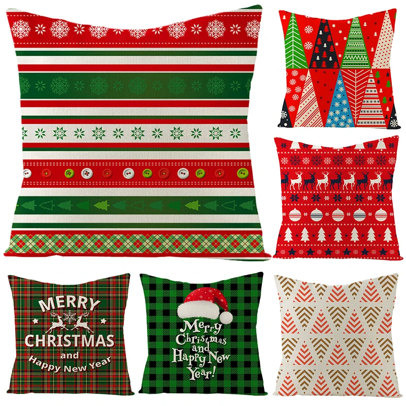 

YIANSHU Christmas Cushion Covers Geometric Plaid Cartoon Deer Sofa Cushion Cover Christmas Home Decoration Linen Pillow Case