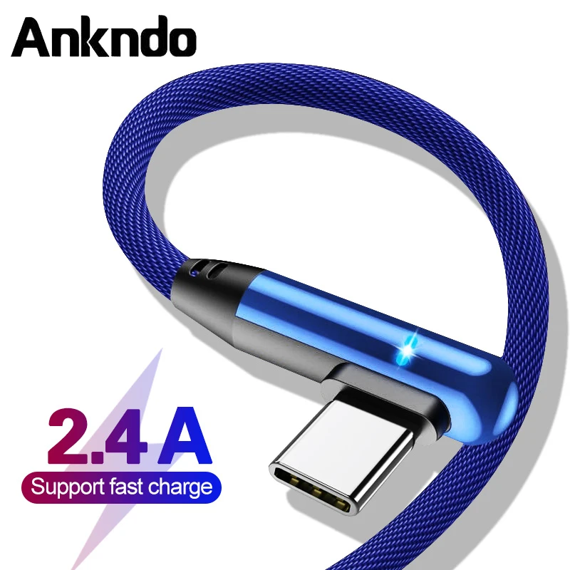 ANKNDO 90 градусный зарядный USB кабель для Huawei Honor v30 Type C 2.4A L Micro игровой Mi9|Кабели