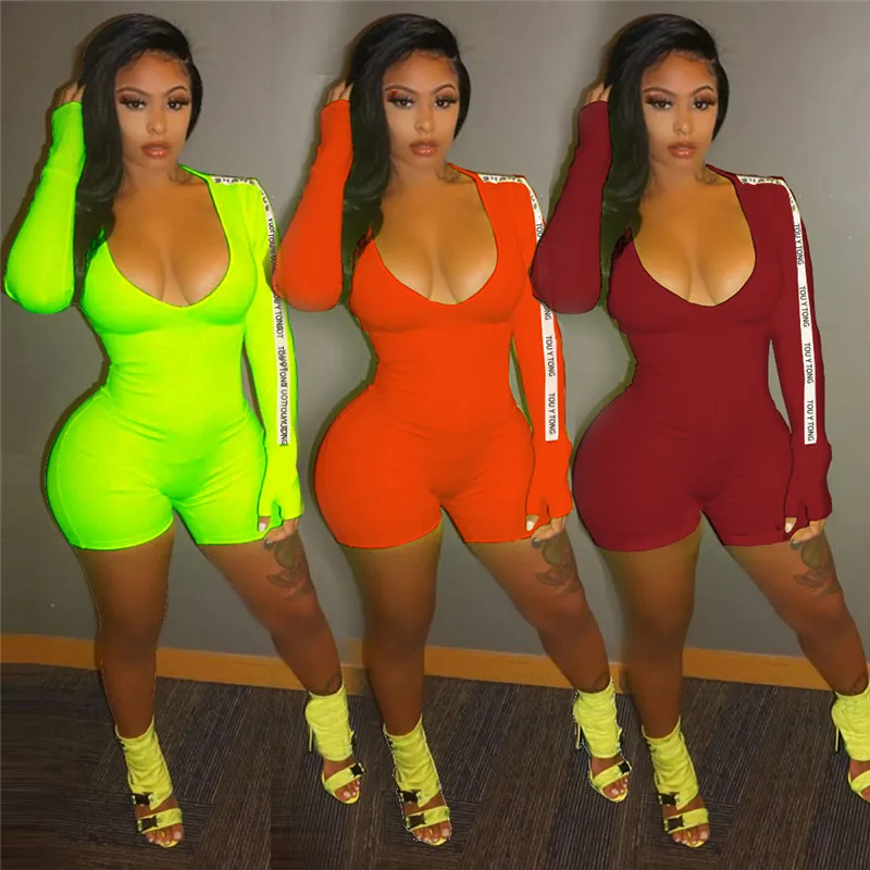 hirigin Fashion Women Long Sleeve Jumpsuit Bodycon Playsuit Shorts Pants Trousers Romper Deep V-neck Letter Sleeve Biker Shorts