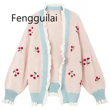 FENGGUILAI, Женский Осенний тонкий свитер, кардиганы размера плюс, милая вишневая вышивка, Kawaii, лоскутный свитер, вязаная одежда для женщин