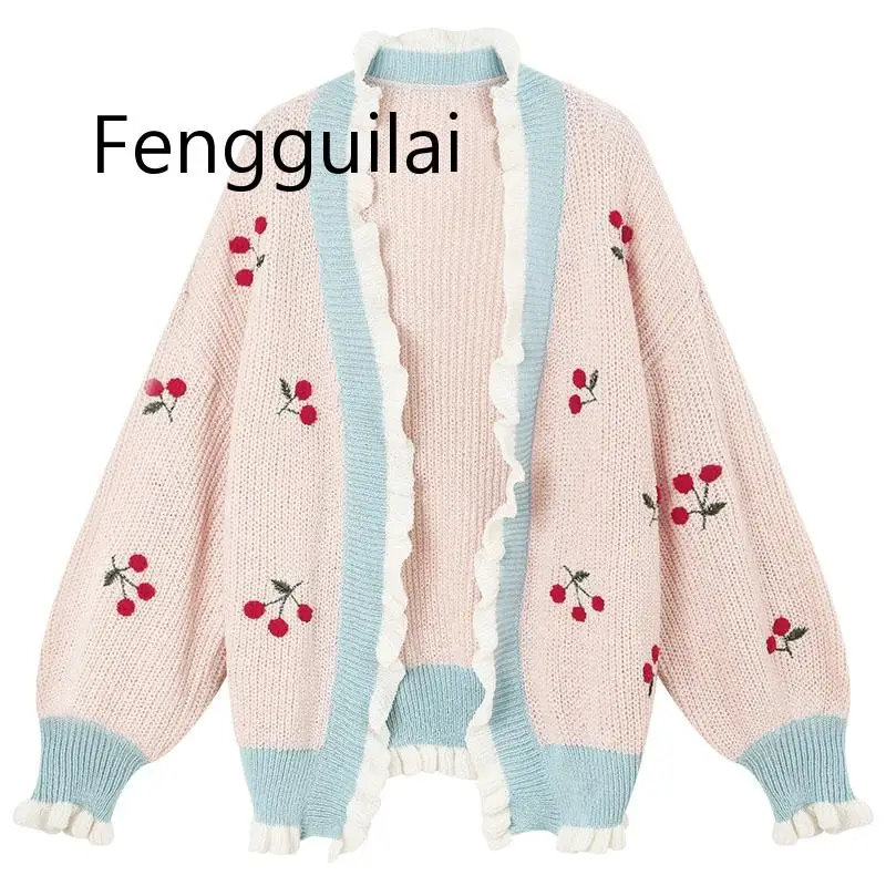 

FENGGUILAI Womens Autumn Thin Sweater Cardigans Plus Size Sweet Cherry Embroidery Kawaii Patchwork Sweater Knitted Wear Female