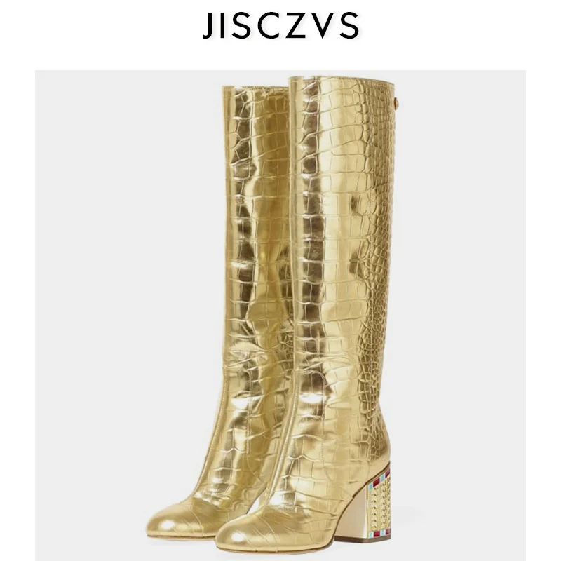 

2019 New Genuine Leather Long Boots Party Shoes Woman Winter Women Over The Knee Boots Fashion Square Heels Plus Size Boots