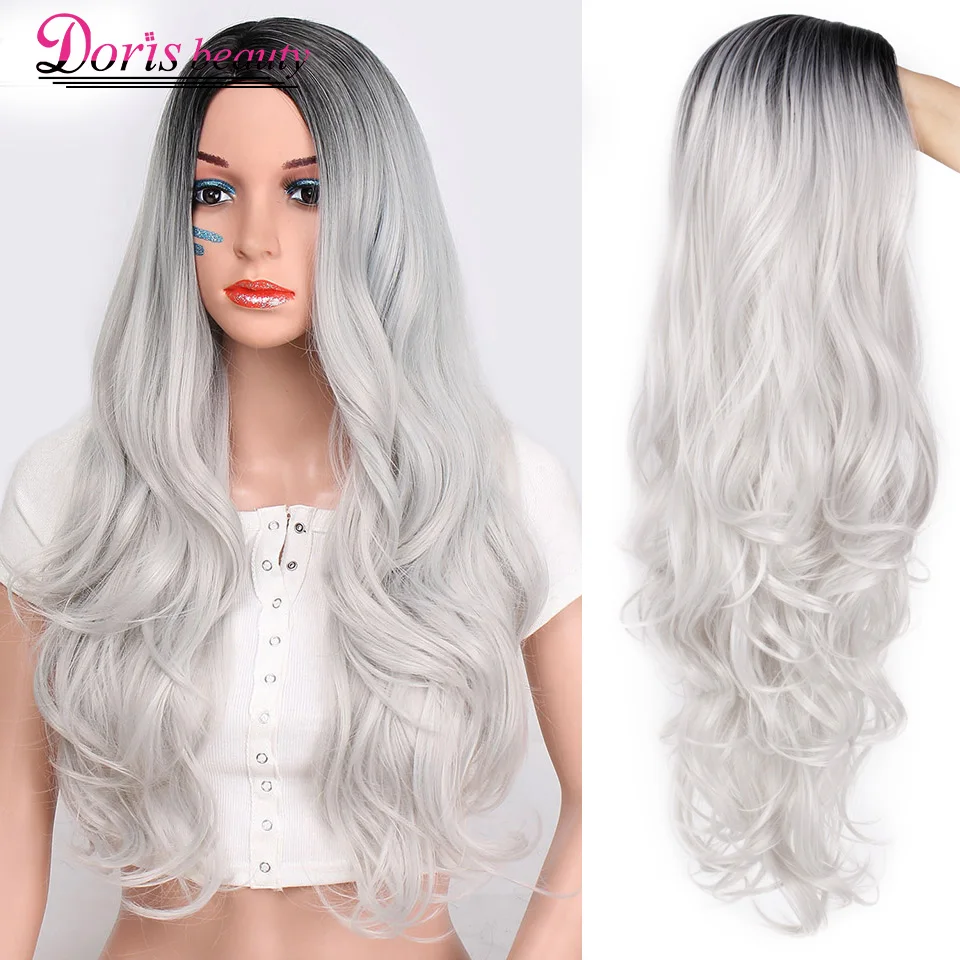 Doris beauty Synthetic Long Wavy Ombre Gray Wig for Woman Cosplay Wig Brown Red Black Blonde Heat Resistant Fiber 2 Doris beauty Synthetic Long Wavy Ombre Gray Wig for Woman Cosplay Wig Brown Red Black Blonde Heat Resistant Fiber 2