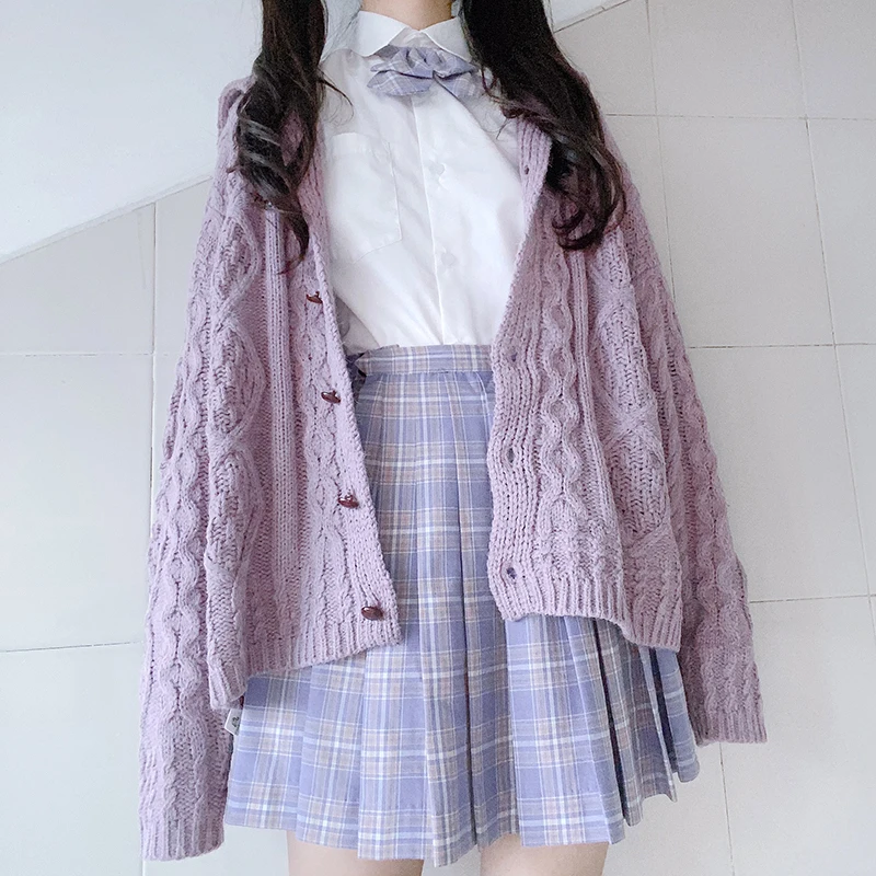 Зимний женский вязаный свитер, кардиганы, Осенний японский элегантный фиолетовый вязаный кардиган, свободный Милый джемпер Mori Girl, топы