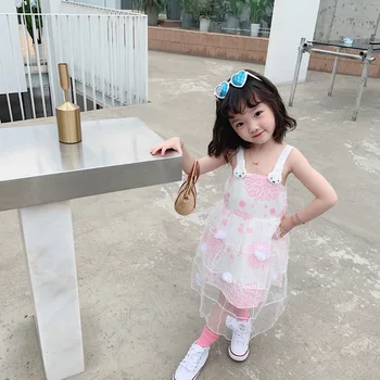 

2020 Summer girls dresses rabbit design cute mesh cotton patchwork design girls dress