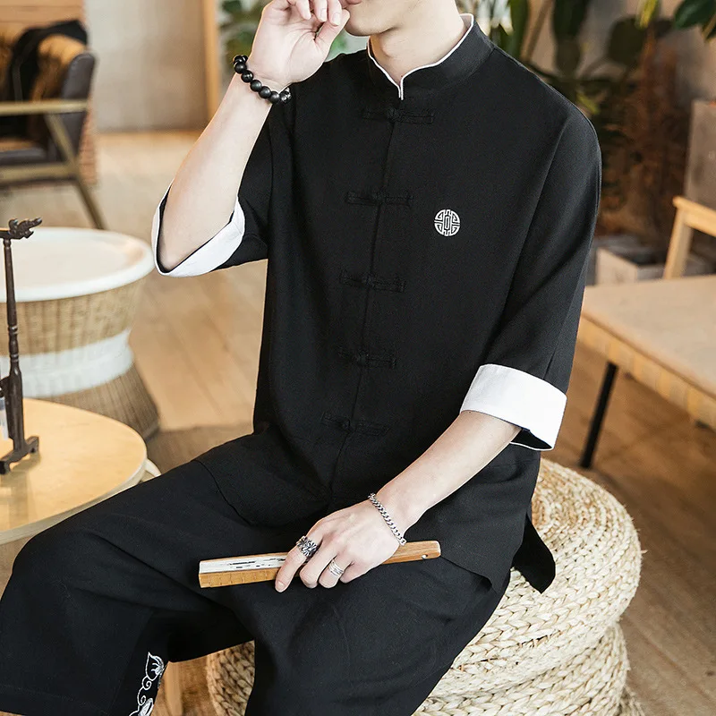 Новинка, китайский стиль, мужские топы, костюм Тан, льняная рубашка с длинным рукавом, одноцветная, традиционная, кунг-фу, китайский стиль, Hanfu, рубашка размера плюс M-5XL - Цвет: Black
