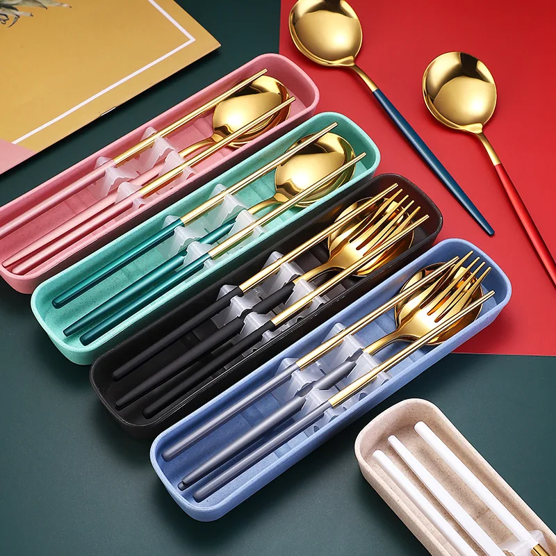 Stainless Steel Portable Tableware Student Tableware Travel Lunch Box Three-Piece Fork Chopsticks Set Wheat Straw