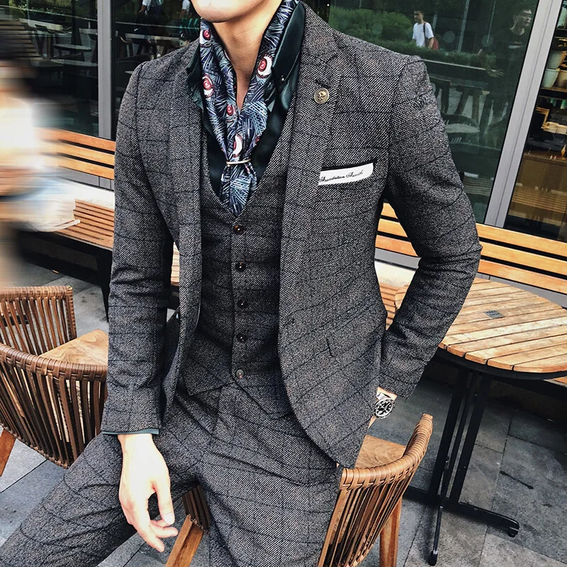 Autumn And Winter Plaid Suit Men's British Wind Wedding Wool Three Sets Of Korean Slim Thick Small Suit Handsome
