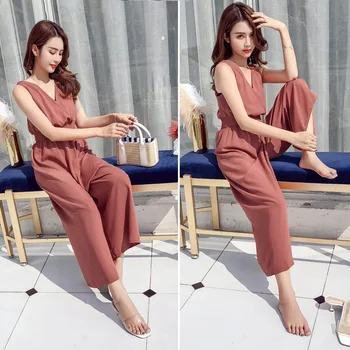 

Elegant Pleated Casual Summer Loose Ladies Wide Leg Holiday Elastic Waist Beach Fashion V Neck Sleeveless Women Jumpsuit