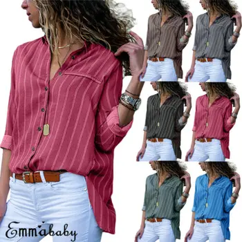 

Casual Women Summer Striped Long Sleeve Button V Neck Shirt Casual Blouse Tops