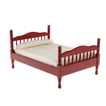 

Dollhouse Miniature Furniture Victorian Wooden Bed with Mattress 1/12th Double Bedroom Bed Mattress Pillow