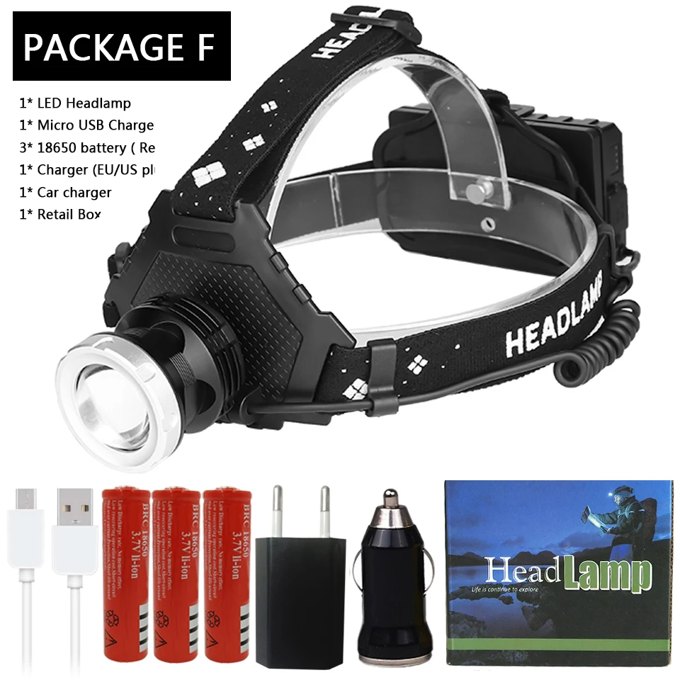 Package F XHP70.2 Новое поступление самая мощная светодиодная фара 32 Вт XHP50.2 zoom Головной фонарь блок питания 7800 мАч 18650 батарея Z90+ 2063 - Испускаемый цвет: Package F