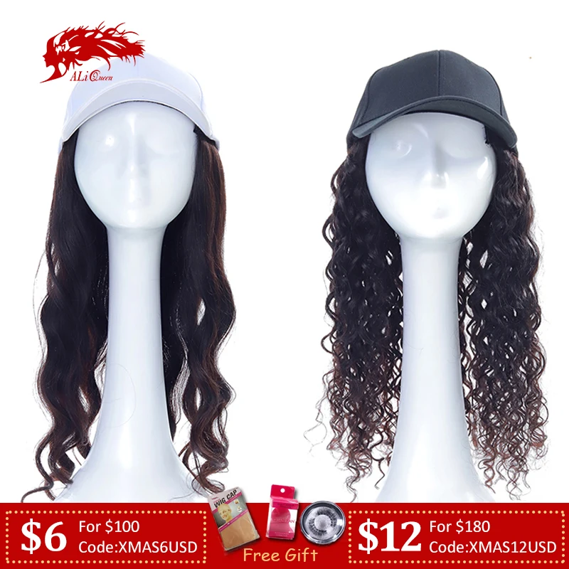 

Ali Queen Long Body Wave / Water Wave Hat Wig Natural Color Remy Hair Extension With Cap Adjustable Wigs