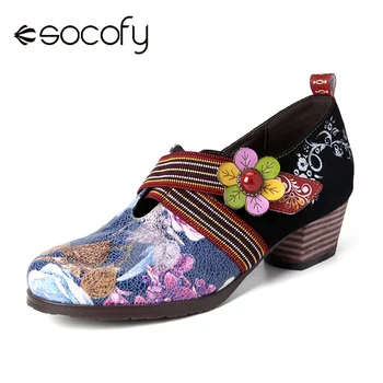 

SOCOFY Retro Embossed Splicing Floral Genuine Leather High Heel Zipper Pumps Elegant Shoes Women Shoes Botas Mujer 2020
