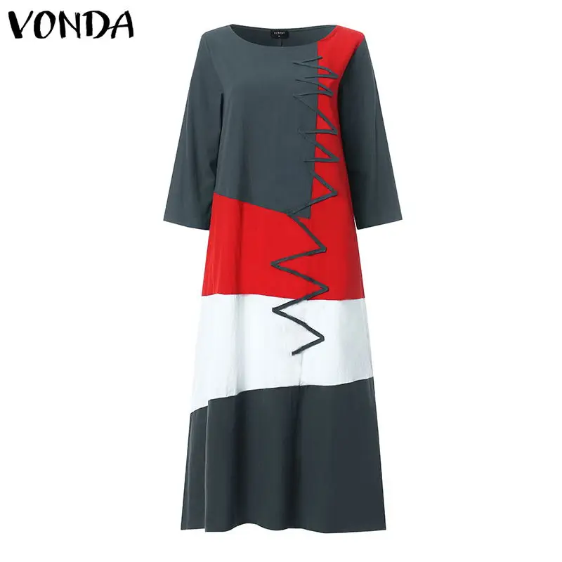 Grey Женский сарафан в стиле пэчворк VONDA, осень, макси платье, кафтан, Повседневная Туника с длинным рукавом, Vestidos, женское платье из хлопка размера плюс - Цвет: Grey