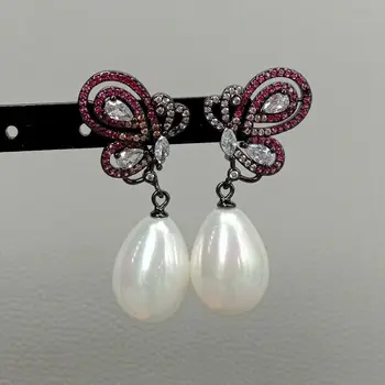 

Teardrop White Sea Shell Pearl cz pave Gunmetal Butterfly Earrings