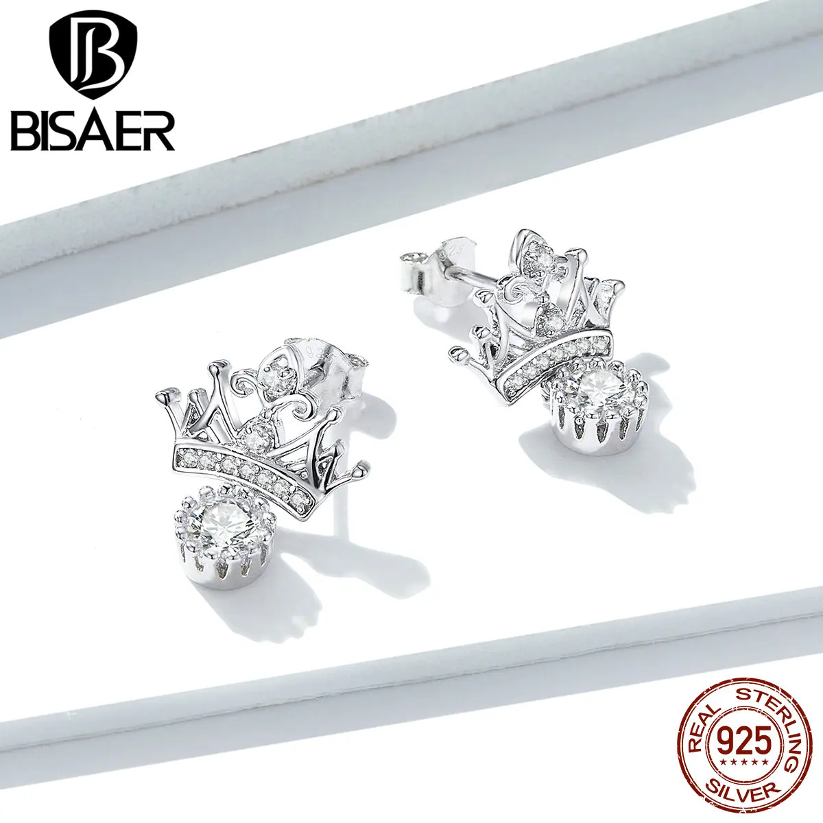 

Crown Earrings BISAER 925 Sterling Silver Princess Crown Exquisite Small Earrings for Women Luxury Silver Jewelry EFE244