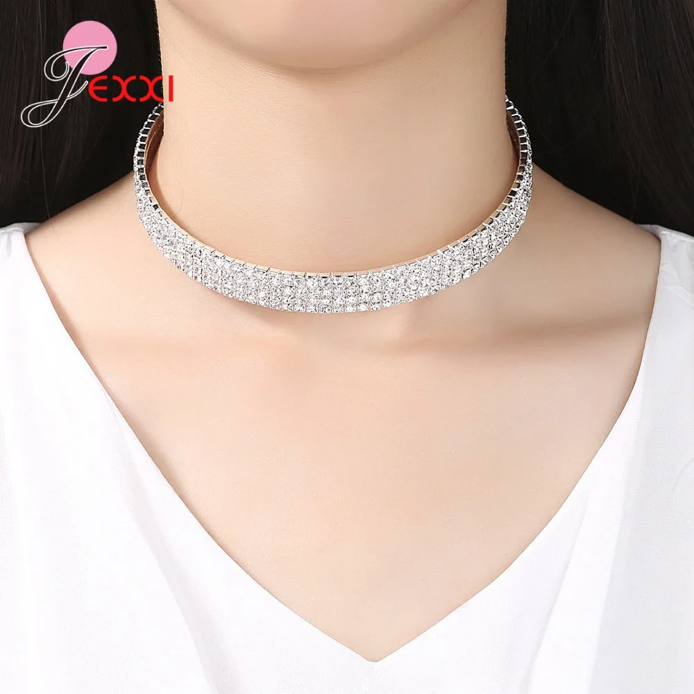 Newest Models Genuine 925 Sterling Silver Collar Necklace For Women High Quality Sparkling Crystal Necklace Jewelry Gift