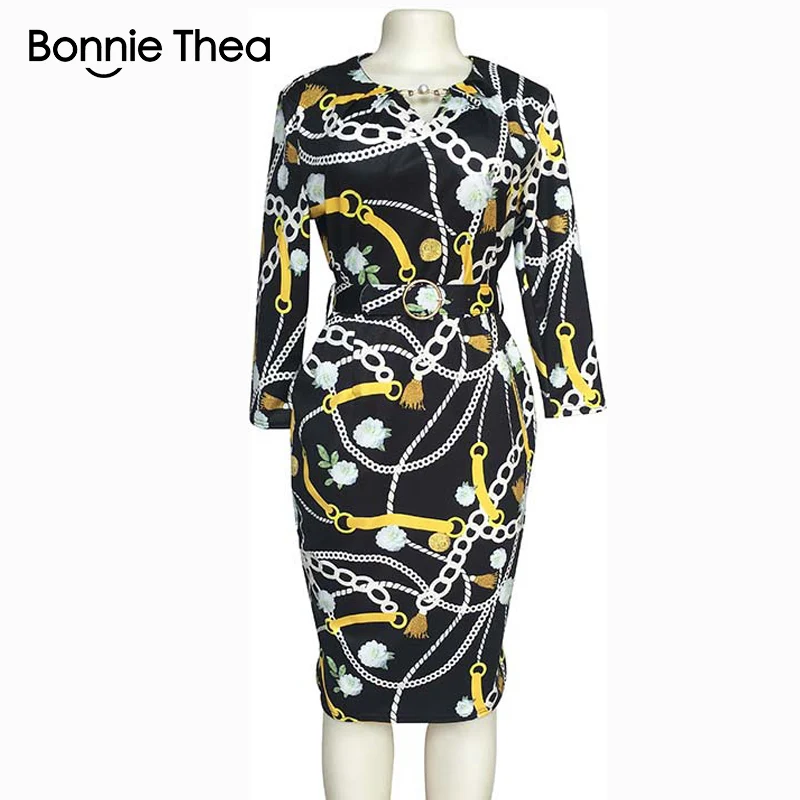 Bonnie Thea женское платье с принтом элегантное тонкое офисное платье женские вечерние платье карандаш осеннее короткое платье