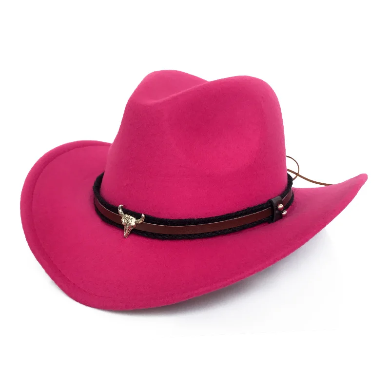 YY Metal Bull Belt Fedora Кепка для мужчин с широкими полями ковбойские шапки; сезон осень-зима теплая Трилби панама джаз шляпа FD19032 - Цвет: Rose Bull Cowboy