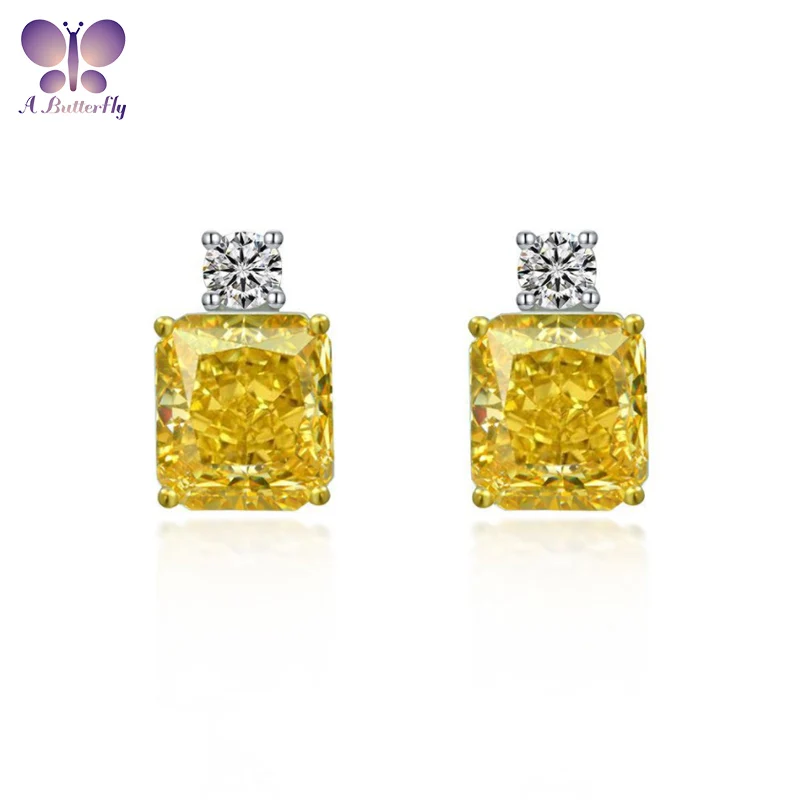 

S925 Sterling Silver Flower Square 9*10MM Ice Cut High Carbon Simulation Yellow Diamond Earrings Fashion Production Gift