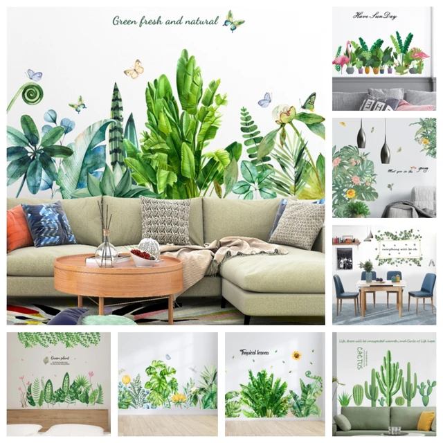 grande plante verte feuilles sticker mural, plantes tropicales amovibles  stickers