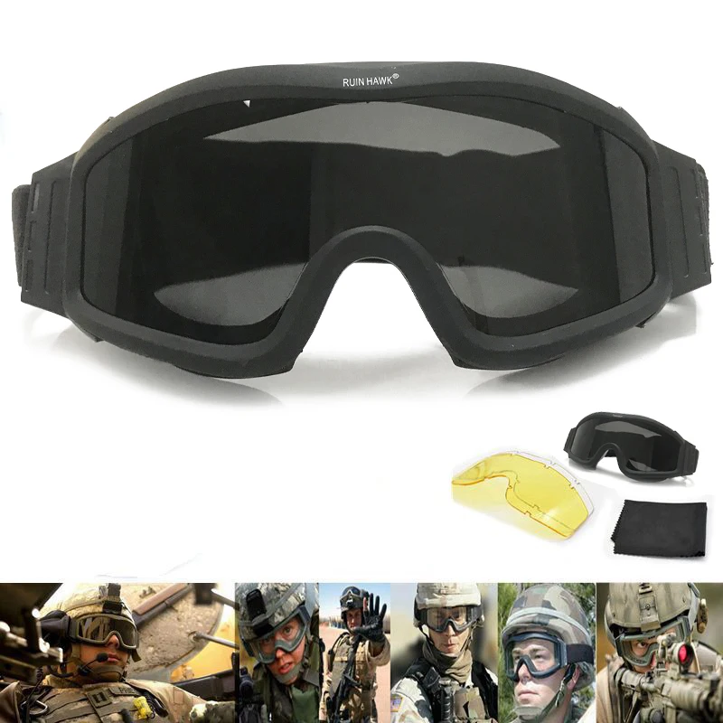 Tactical Goggles Military Airsoft Shooting Glasses GX1000 Black 3 Lens