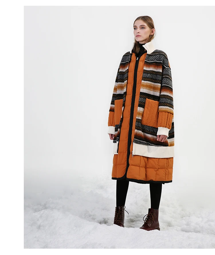 Дизайн, зимнее женское пуховое пальто, женское повседневное длинное шерстяное пальто большого размера в полоску, Лоскутная куртка на белом утином пуху