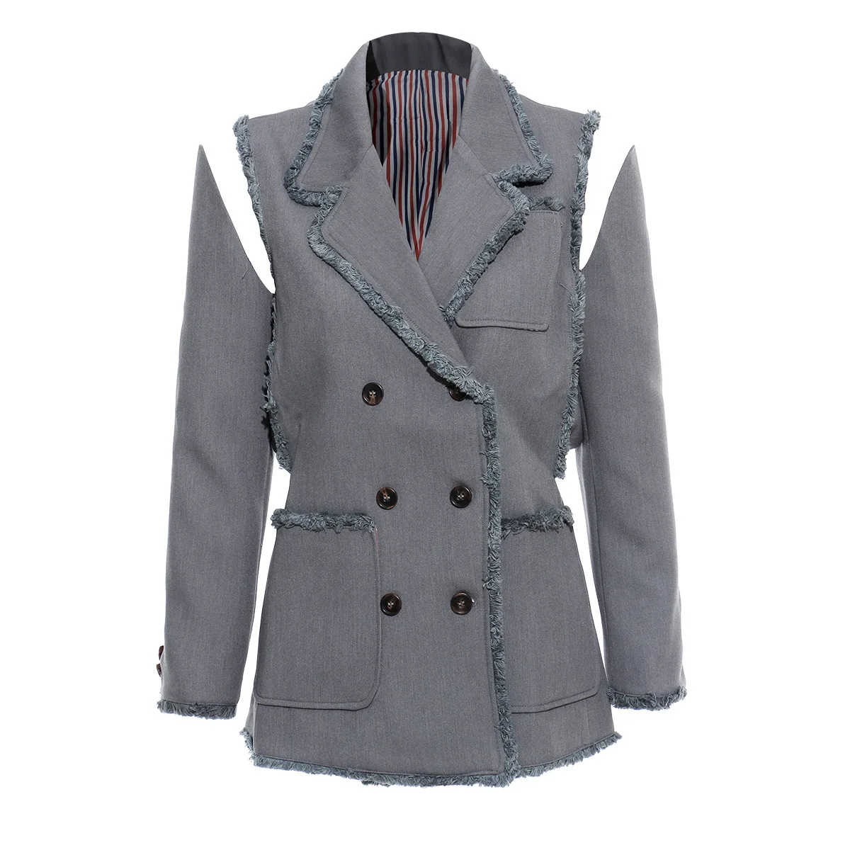 Tassel Patchwork Blazer For Women Lapel Collar Long Sleeve Big Size Coat Tops Female OL Fashion Autumn New - Цвет: gray