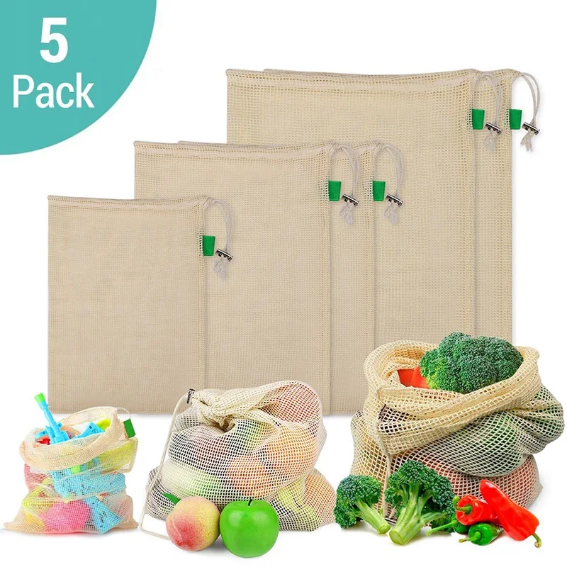 

5Pcs/lot Eco Friendly Cotton Mesh Fruit Vegetable Bags Reusable Produce Bag Machine Washable Drawstring Grocery Shopping Bag