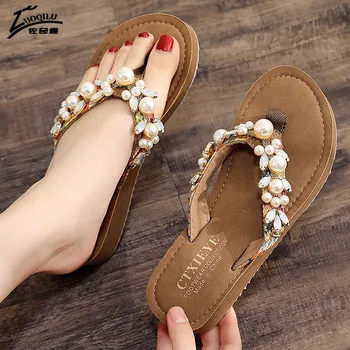 

Pearl Rhinestone flip flops slippers summer sandals slides Beach Flat platform Slippers Outdoor Slippers Zapatos De Mujer