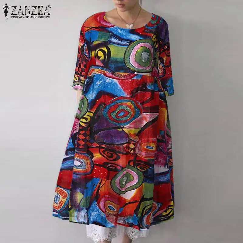 Женское платье с принтом ZANZEA летний сарафан с рукавом до середины голени Vestidos кафтан Лоскутная Туника Robe Femme негабаритных