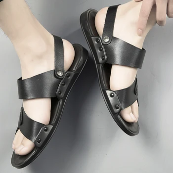 

genuine Leather Summer Breathable Casual Slip On Flat Mens Sandals fashion Beach Man Shoes Sandles Sandalen Heren Comfort Soft