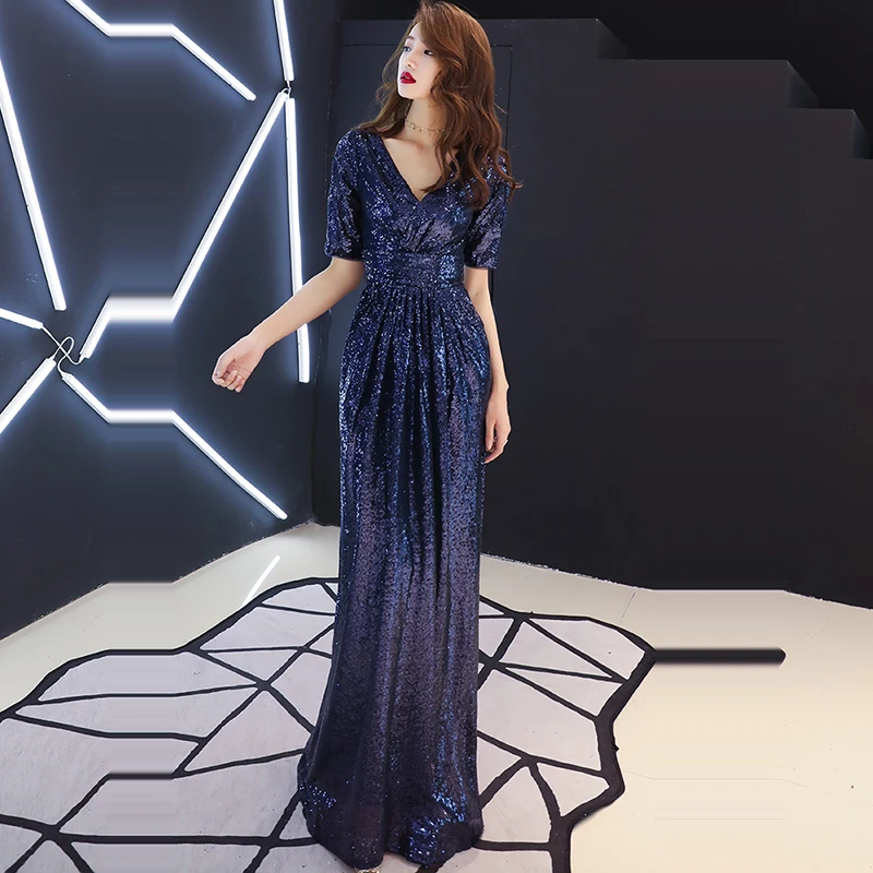 Женское вечернее платье с блестками элегантное до пола рукавом локтя и глубоким