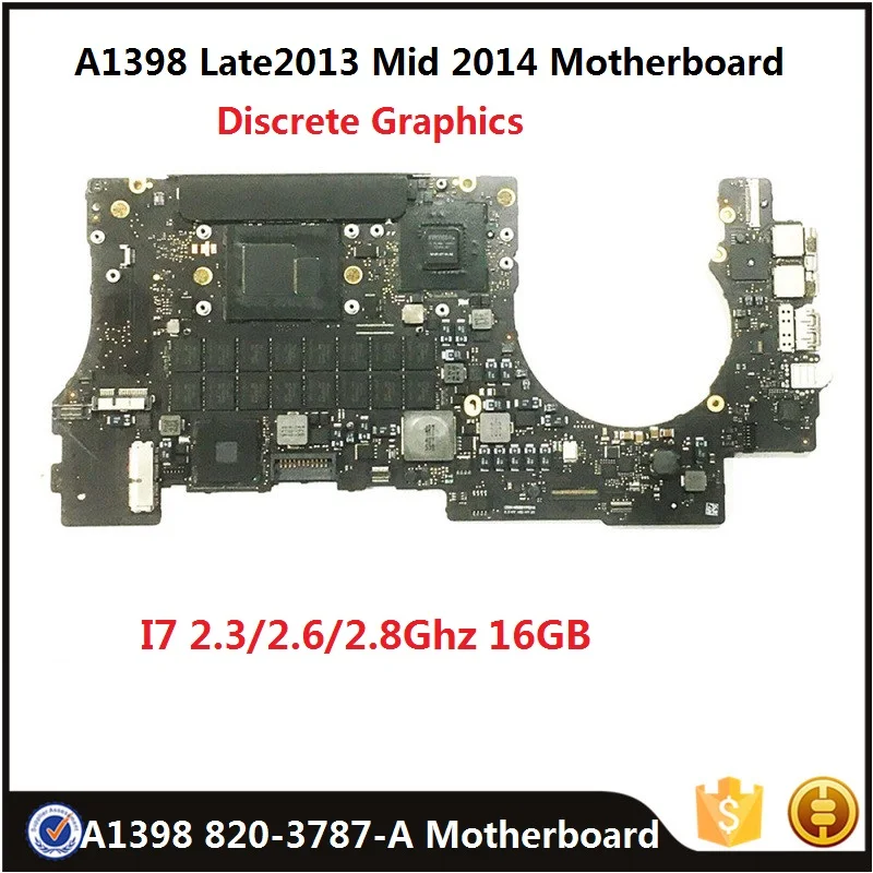 Original A1398 820-3787-A Motherboard for MacBook Retina 15&quotLate 2013 Mid 2014 Logic Board i7 2.3GHz 2.6/2.8GHz 16GB Rams Tested |