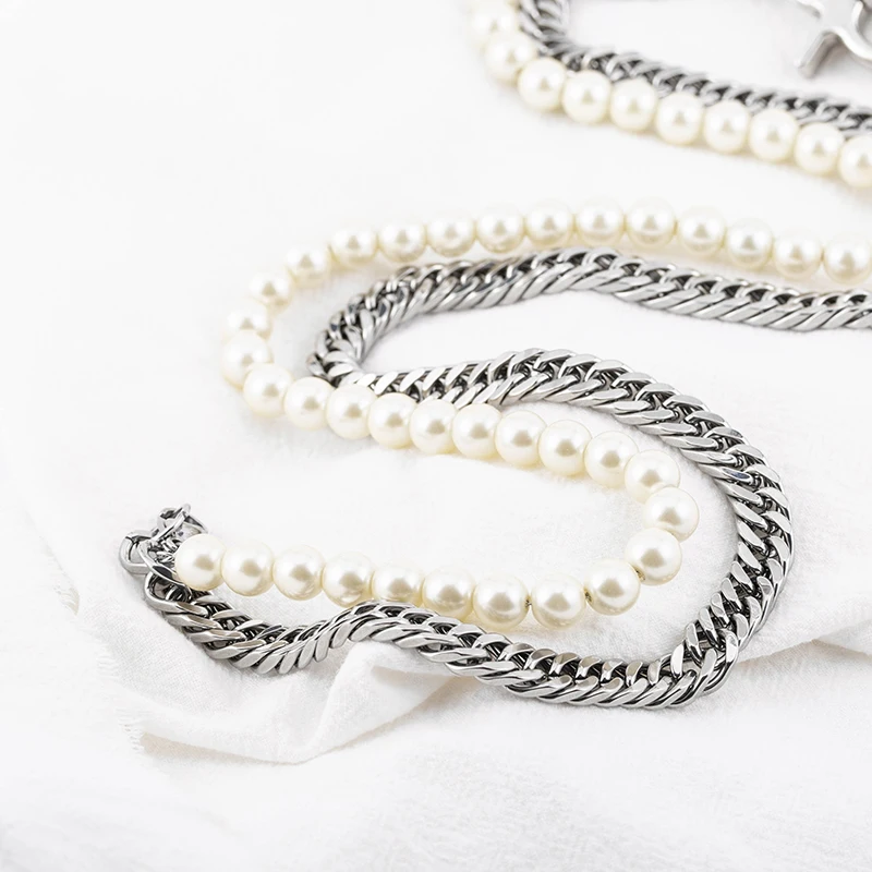Fashion Punk Hip-Hop Cool Boy Girl Stainless Steel Cuban Chain Plastic Pearl Necklaces For Party Jewelry