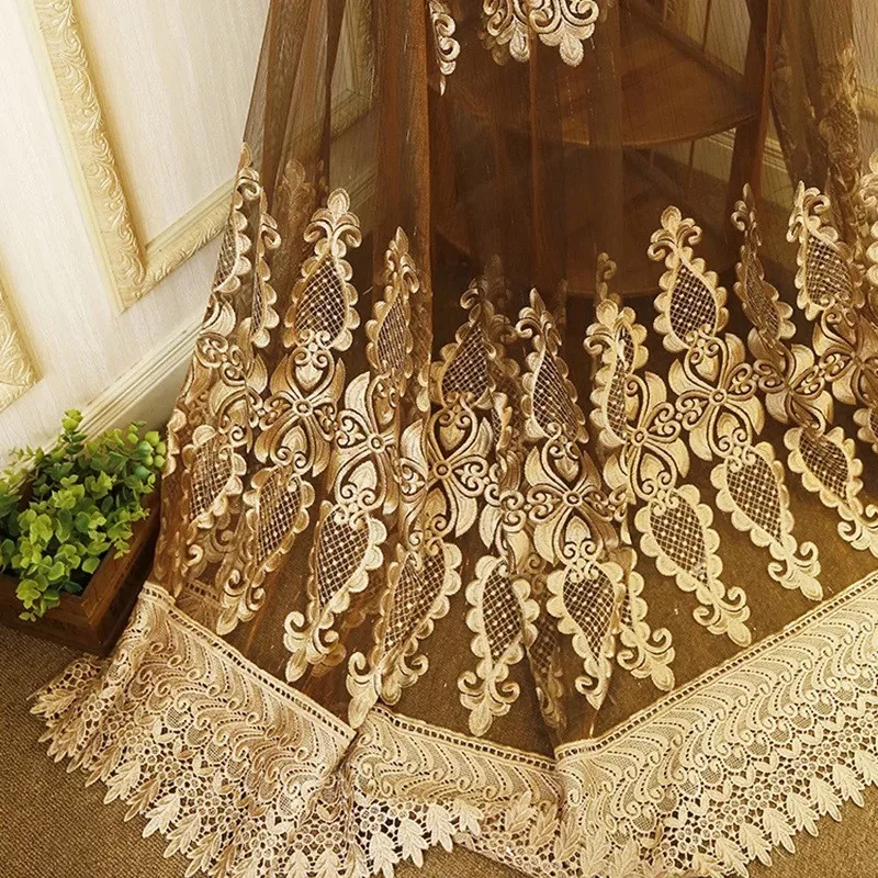 European luxury lace tulle curtains for living room dining room bedroom kitchen study hotel Brown/white optional customizable
