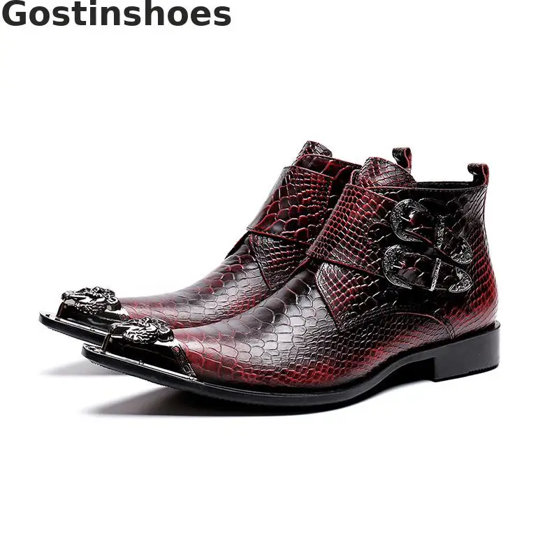 

Luxury Brown Winter Boots Genuine Leather Snakeskin Printed Men Fashion Boots Buckle Straps Pointed Toe Ankle Short Boots Men