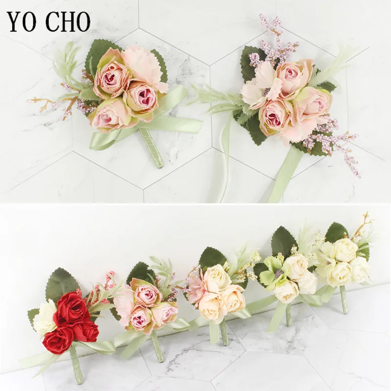 Damigelle d'onore Rose Bracciale in seta Fiori Mariage Sposo Corpetto Fiore all'occhiello Spille Spilla Fiori Ospiti Prom Accessori da sposa - immagine 2