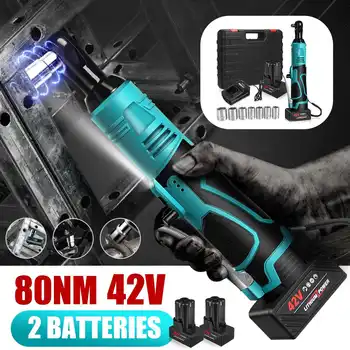 

42V Electric Ratchet Wrench 3/8" Rechargeable Cordless Electric Wrench 80N.m Power Tool with 2 Lithium-Ion Battery Charger Kit