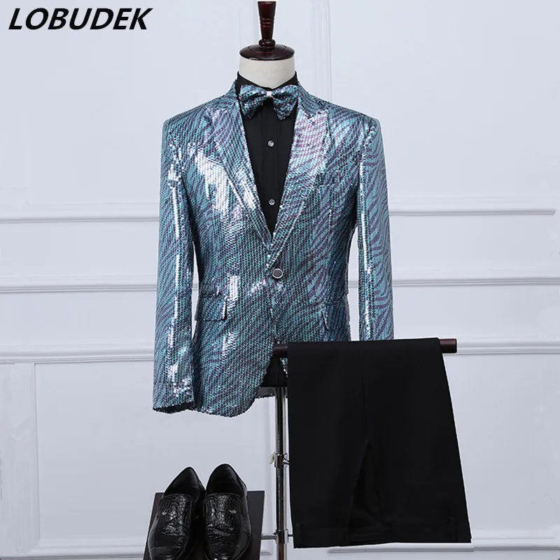 

Men's Glitter Green Sequins Suit Blazers+Pants+Tie 3-Pieces Set Wedding Host Stage Outfits Male Singer Chorus Groups Costume