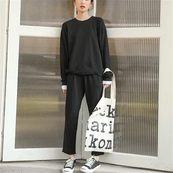 

CBAFU Autumn Spring Women Tracksuit Black Long Sleeve Loose Hoodies + Slim High Waist Long Trouser Suit Korea Two Piece Set F659