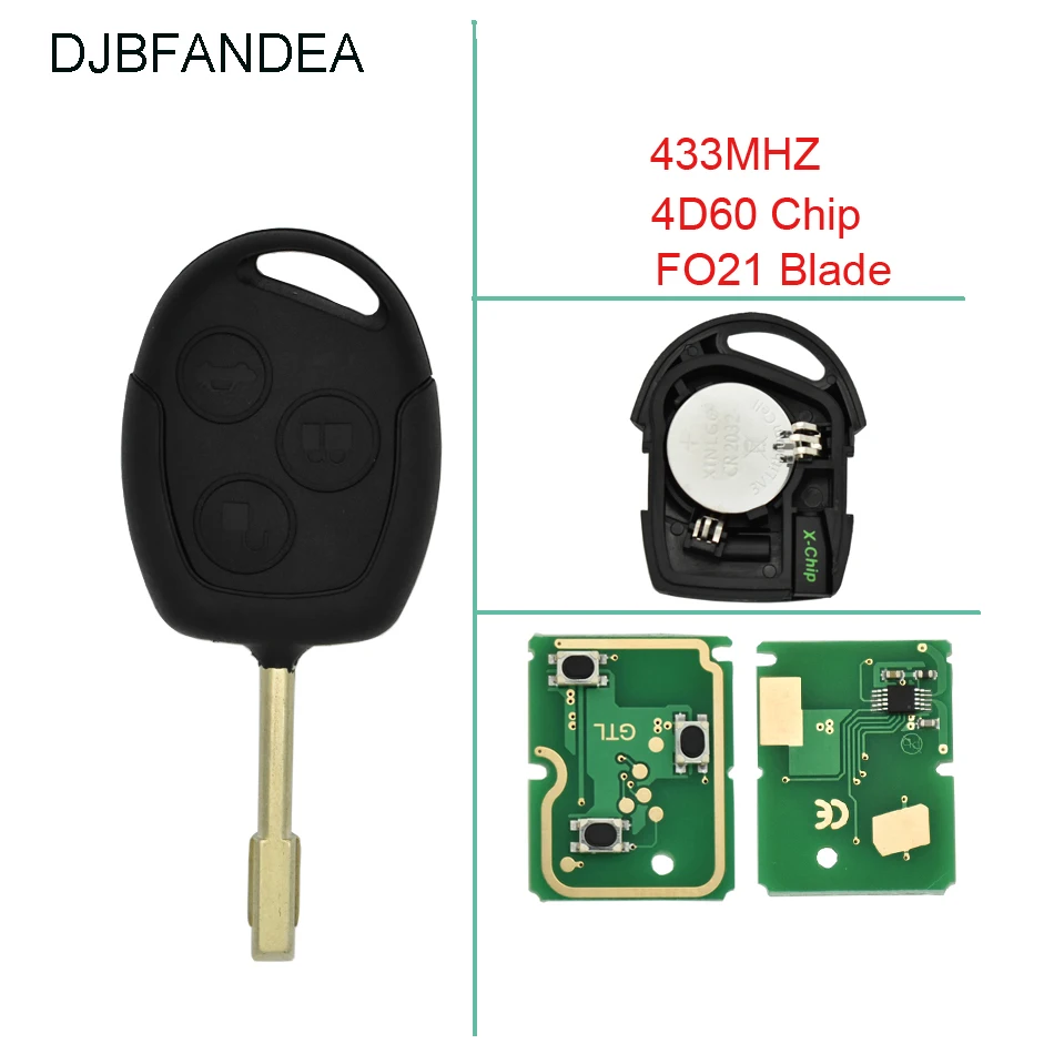 DJBFANDEA для Ford дистанционный ключ Fiesta Fusion Focus Mondeo D-Max S-Max FO21 Blade 4D60Chip 3 кнопки 433 МГц |