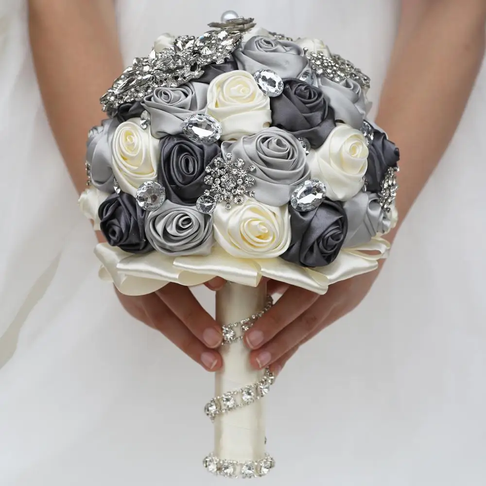 Grey Silver Brooch Bouquet Bride Bridesmaids Wedding Satin Roses Flower 
