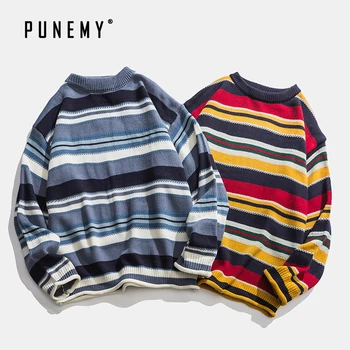 

Men Sweater Retro Rainbow Striped Pattern O-neck Hip Hop Streetwear Oversize Winter New Couple Casual Men's Sweaters Clothes