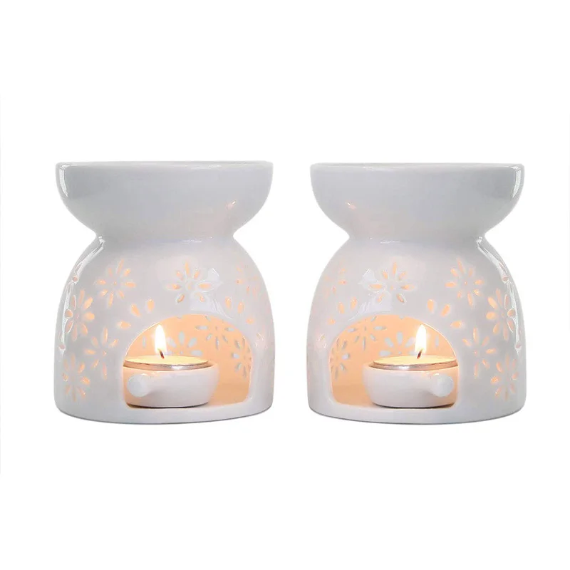 

Ceramic Tealight Candle Holder Oil Burner, Essential Oil Incense Aroma Diffuser Furnace Home Decoration Romantic White Set Of 2