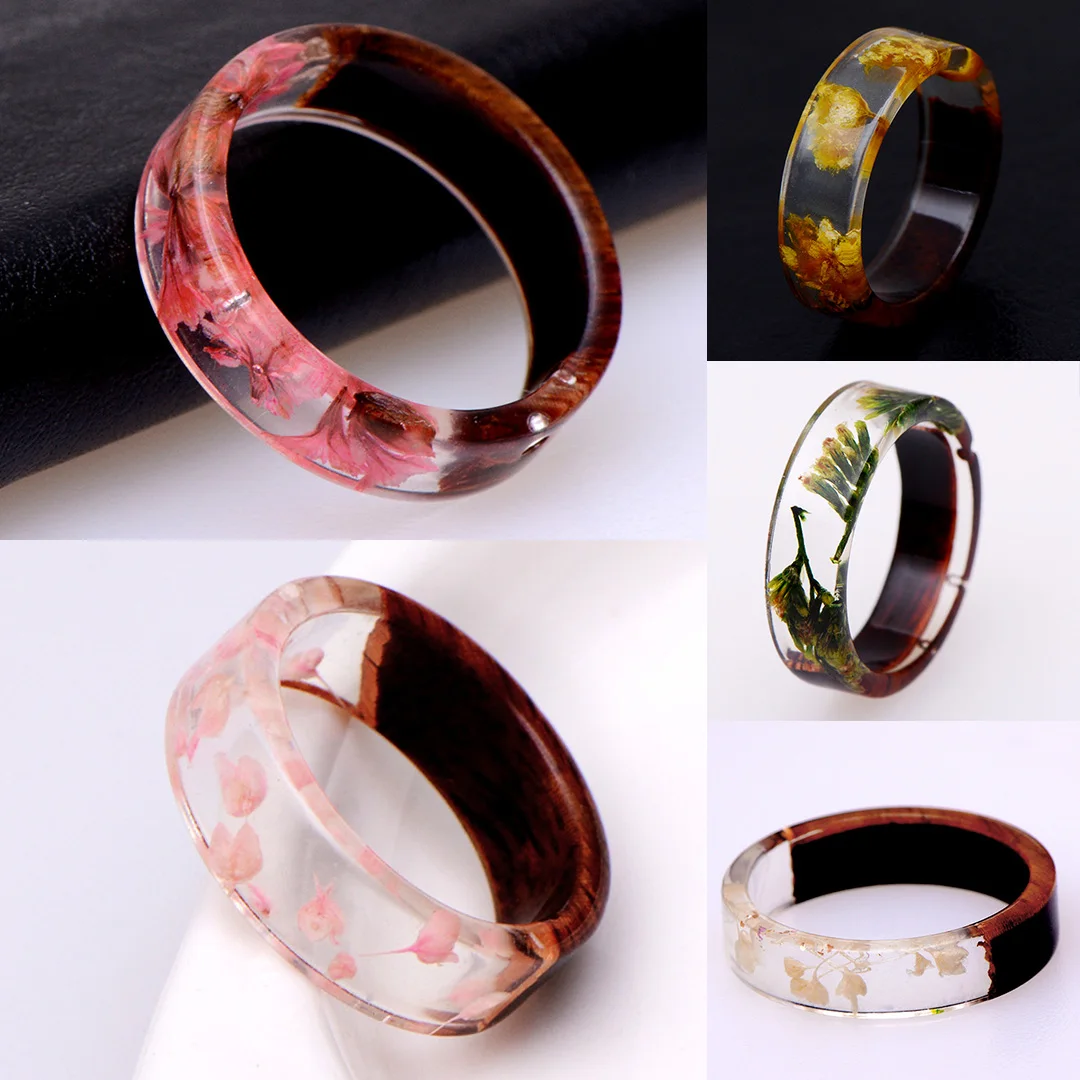 Wood Ring Dried Flower Resin Handmade Ring Vintage Charm Romantic Couple Ring Valentines Day Gift Statement Party Jewelry