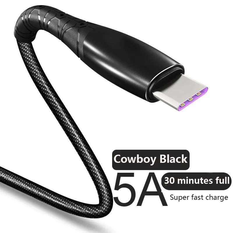 5А флеш usb type C зарядный кабель для huawei P30 Honor Xiaomi 9 samsung S10 30 Mins полный супер быстрый зарядный кабель для Android - Цвет: Черный